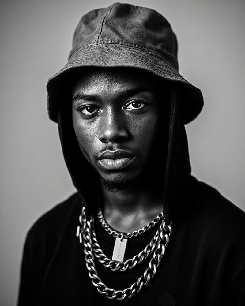 Retrato em preto e branco de rapper com bucket hat e correntes